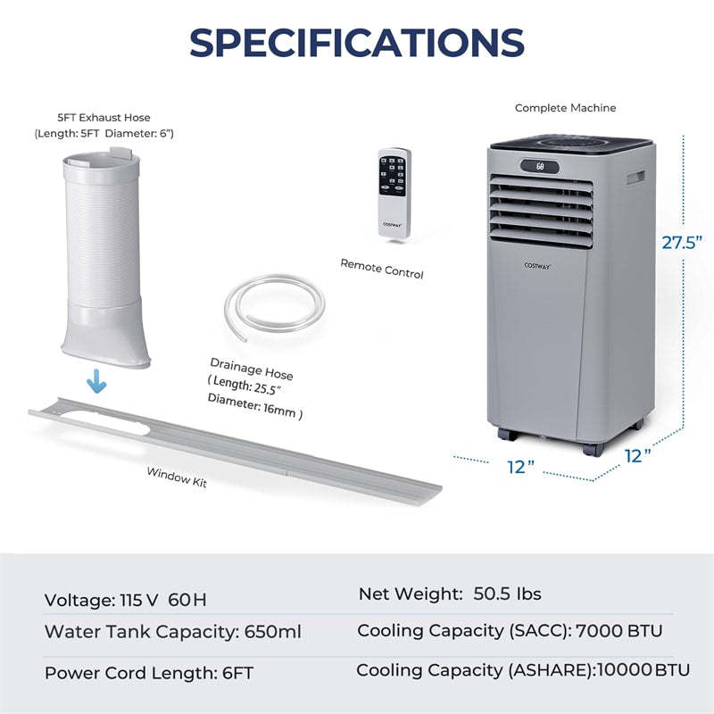 10000 BTU 4-in-1 Portable Air Conditioner with Dehumidifier, Remote, 24H Timer, Window Kit, Cools 350 Sq.Ft for Living Room, Bedroom, Office