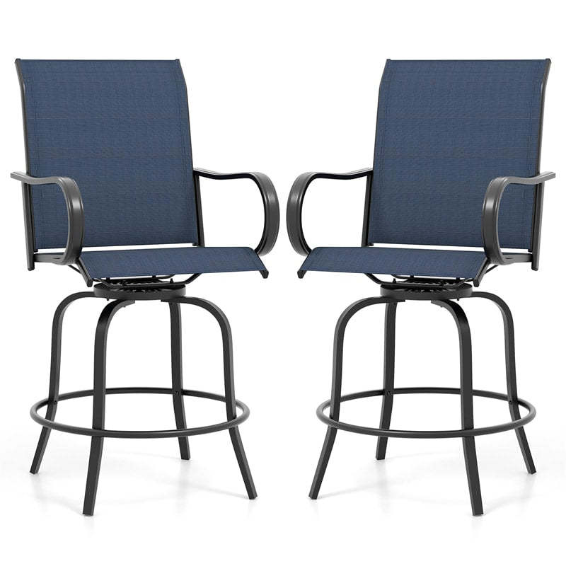 Outdoor Swivel Bar Stools Set of 2, All-Weather Steel Frame Bar Height Patio Chairs with Curved Armrests, High Back & Cozy Footrest