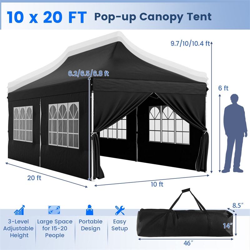 10x20FT Pop Up Canopy with 6 Removable Sidewalls & Carry Bag, UPF50+ Instant Setup Outdoor Canopy Tent for Weddings, Parties, Backyard & Beach
