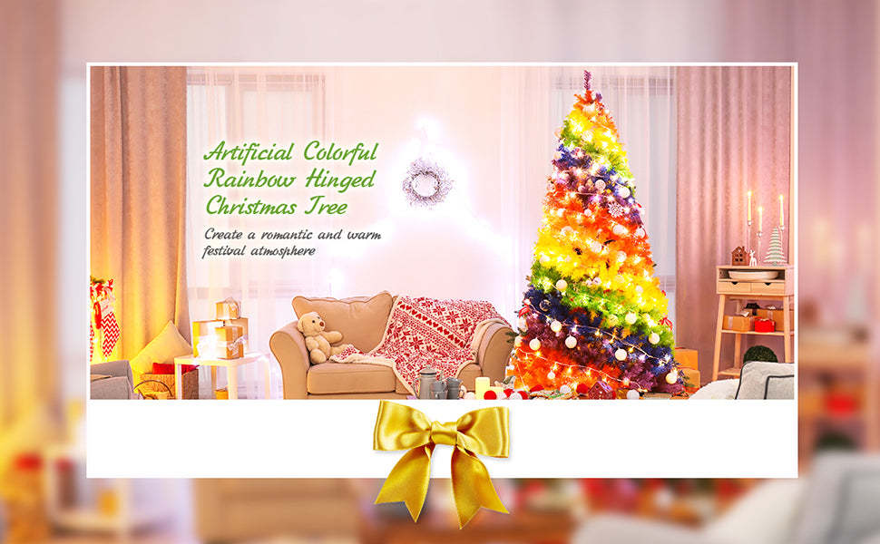 7FT Colorful Rainbow Full Fir Hinged Christmas Tree with Metal Stand