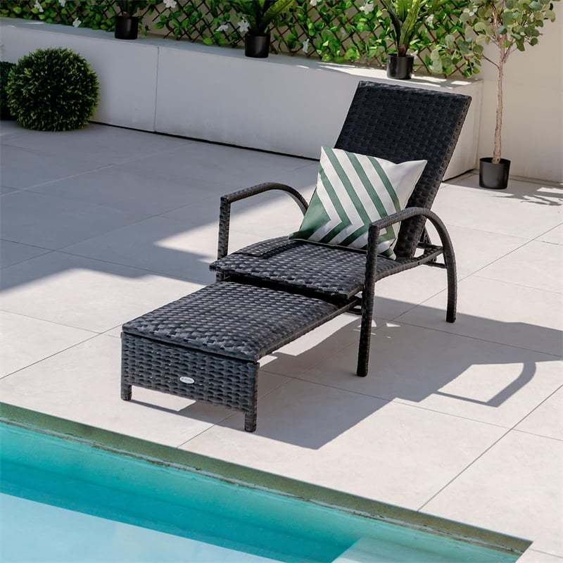 Patio Chaise Lounge, Outdoor Padded Rattan Lounge Chair with Retractable Footrest, 5-Level Adjustable Backrest, Metal Frame Wicker Recliner for Yard