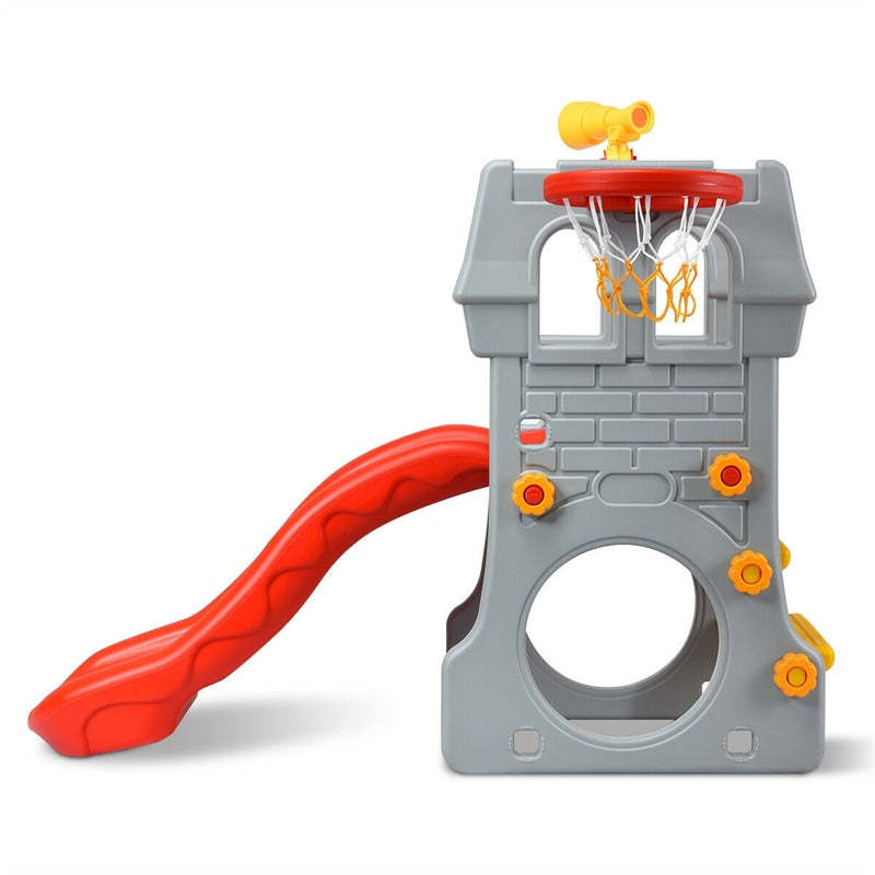 Toddler Indoor Slide 5-in-1 Kids Climber Slide Playset with Basketball Hoop Telescope Crawl Through Space & Climbing Stairs