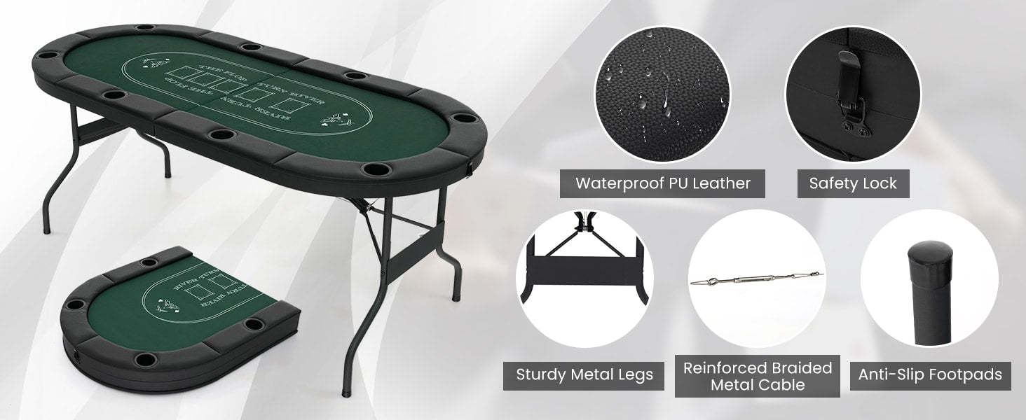 72" Foldable Poker Table, 8-Player Texas Holdem Card Table with Cup Holders, Casino Grade Felt, Portable Oval Blackjack Table for Home Game Room