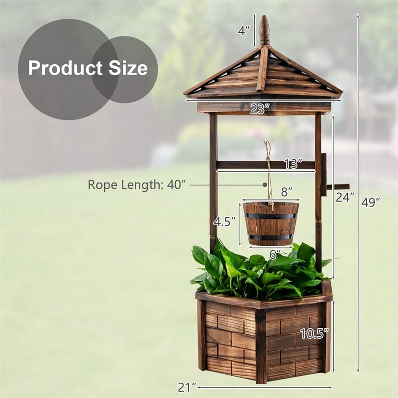 Rustic Wooden Wishing Well Planter with Hanging Bucket, Roof Shadow, Reinforced Rod, Hexagon Wishing Well for Outdoor Backyard, Patio & Garden Decor