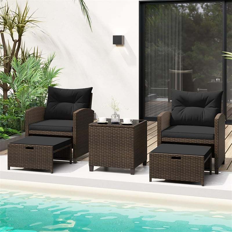 5-Piece Patio Rattan Furniture Set, Cushioned Wicker Chairs with 2 Ottomans & Glass Coffee Table, Outdoor Sectional for Porch Backyard Poolside