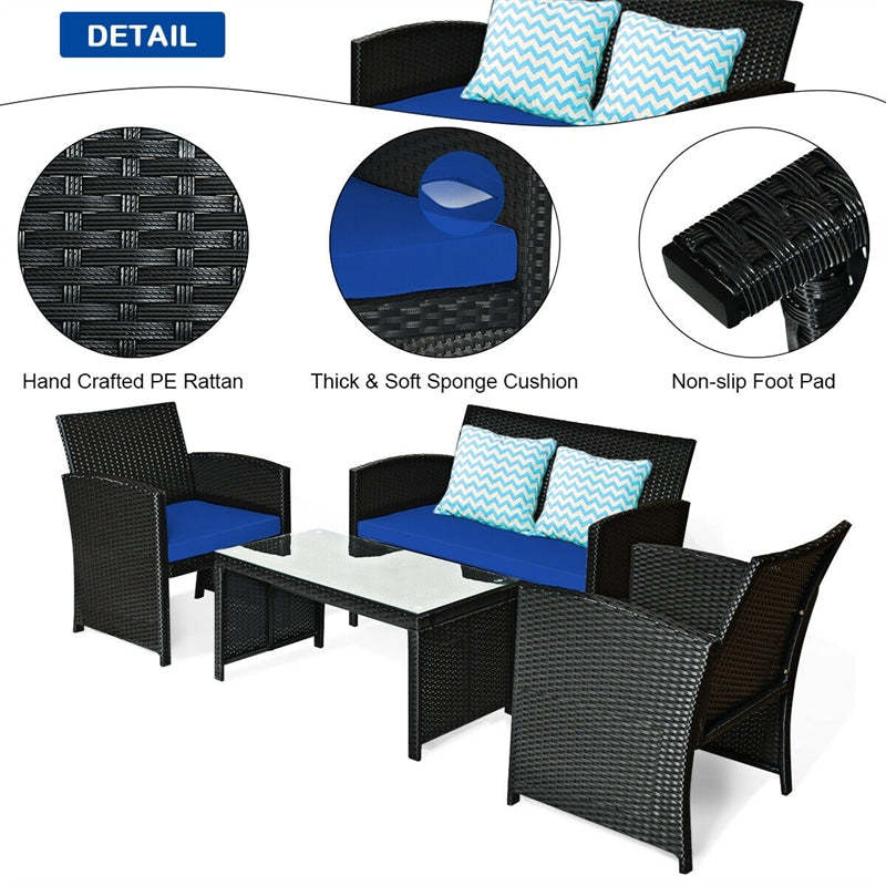 4-Piece Rattan Patio Furniture Set, Weather-Resistant Outdoor Wicker Conversation Sofa with Cushions & Tempered Glass Table for Backyard