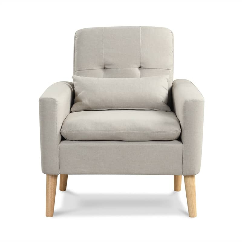 Linen Fabric Accent Chair Mid-Century Modern Armchair Comfy Single Sofa Chair with Lumbar Pillow, Rubber Wood Legs, Seat & Back Cushions