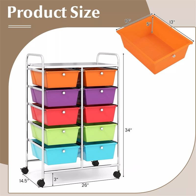 10 Drawer Rolling Cart, Storage Cart Organizer with Wheels, Mobile Utility Cart for Classroom, Office, Home, Craft, Art, Paper, Salon