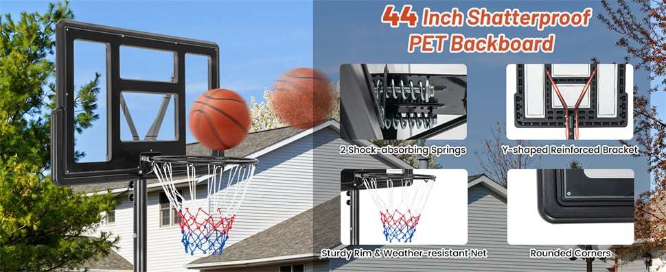 Basketball Hoop Outdoor 4.4-10FT Height Adjustable Portable Basketball Goal System with 44" Shatterproof Backboard, Fillable Base & Weight Bag