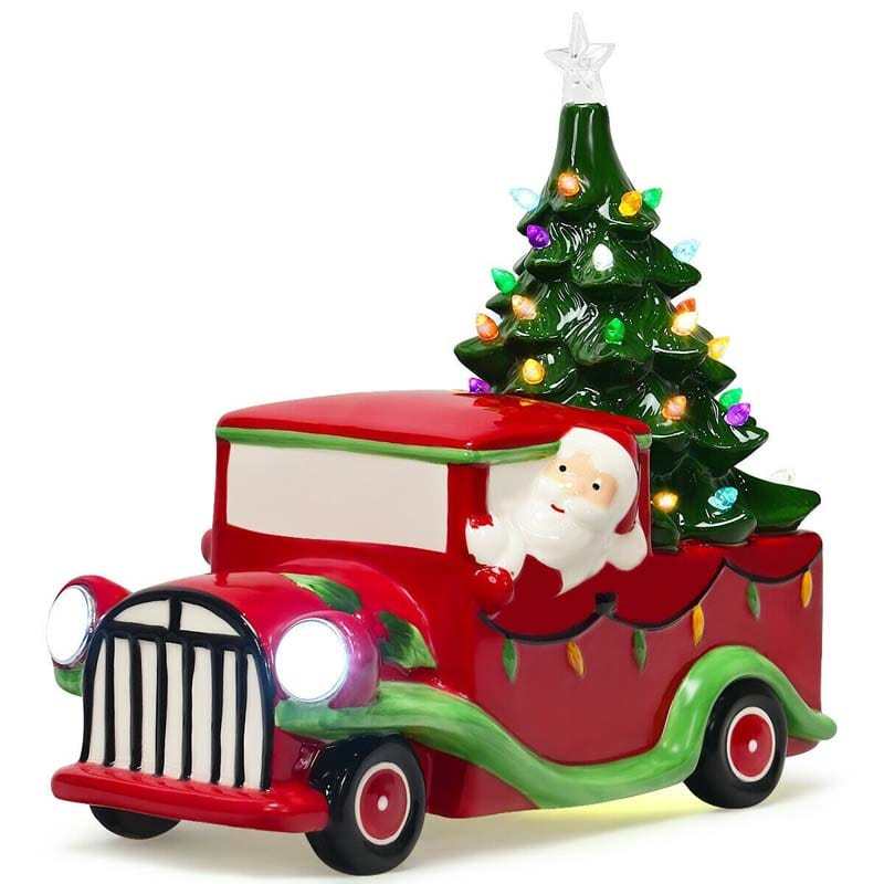 Vintage Tabletop Pre-Lit Ceramic Red Truck with Christmas Tree