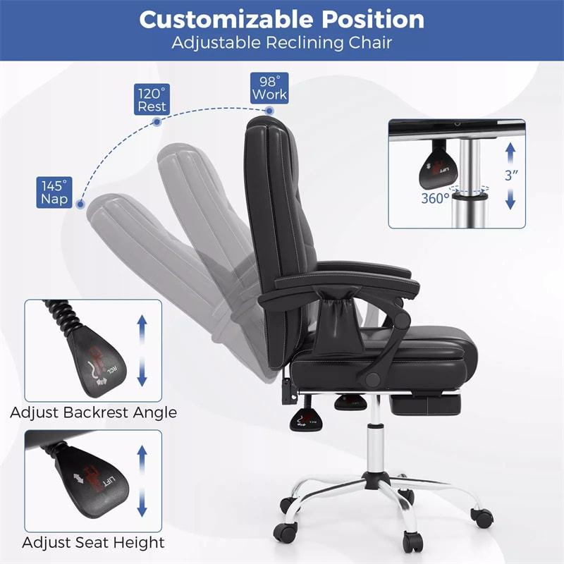 400LBS Big & Tall Massage Executive Chair with Retractable Footrest, Adjustable Height & Backrest, PU Leather Swivel Office Chair for Home Commercial