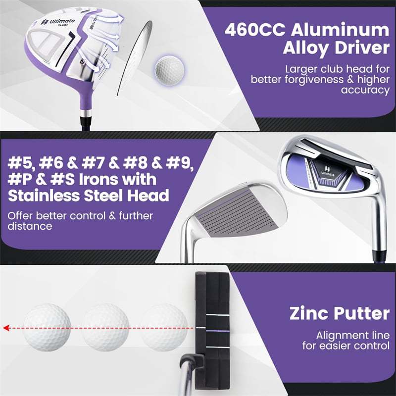 12 Pieces Women’s Complete Golf Club Set Right Hand, Golf Club Package Set with 460CC #1 Driver, Putter, Portable Golf Cart Bag & Rain Hood