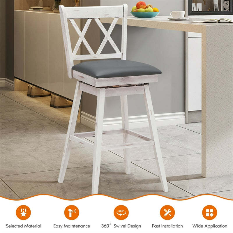 Swivel Bar Stools Set of 2, Rubber Wood 29.5" Counter Height Dining Chairs with Upholstered Cushions, Ergonomic Backrests & Footrests