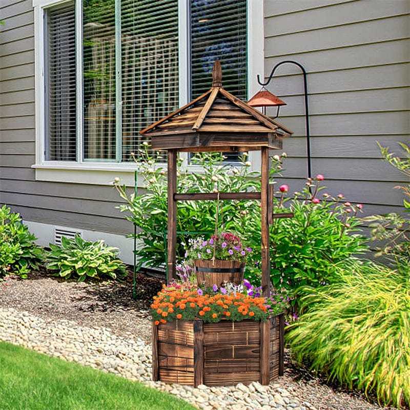 Rustic Wooden Wishing Well Planter with Hanging Bucket, Roof Shadow, Reinforced Rod, Hexagon Wishing Well for Outdoor Backyard, Patio & Garden Decor