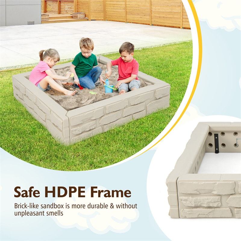 4FT Kids Sandbox, Weather Resistant HDPE Square Sand Pit with Oxford Cover & Bottom Liner for Outdoor Backyard, Lawn, Garden & Beach Play