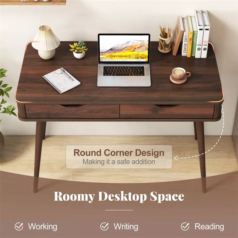 43.5" Mid-Century Desk, Modern Writing Study Desk with 2 Drawers & Rubber Wood Legs, Home Office Desk for Small Space, Vanity Table for Bedroom