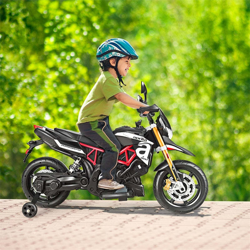 12V Kids Ride-On Motorcycle, Licensed Aprilia Electric Dirt Bike with Training Wheels, LED Lights & Music, Battery Powered Ride-On Car for Ages 3+