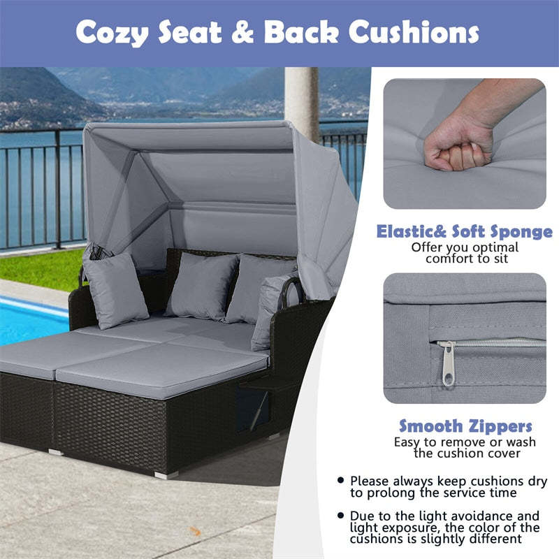 Outdoor Wicker Daybed, Hand-Woven Rattan Daybed with Retractable Canopy, 2 Side Tables, Soft Cushions, Chaise Loveseat for Garden Backyard