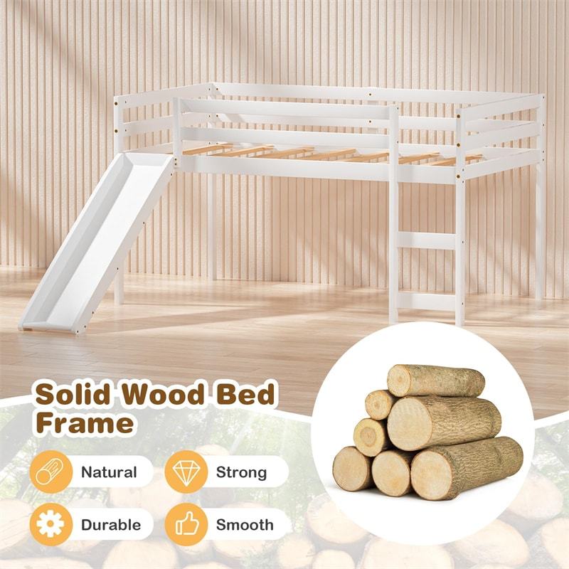 Twin Loft Bed with Slide, Solid Wood Low Loft Bed Twin Loft Bed Frame with Climbing Ladder & Guardrail, Twin Kids Bed for Girls Boys