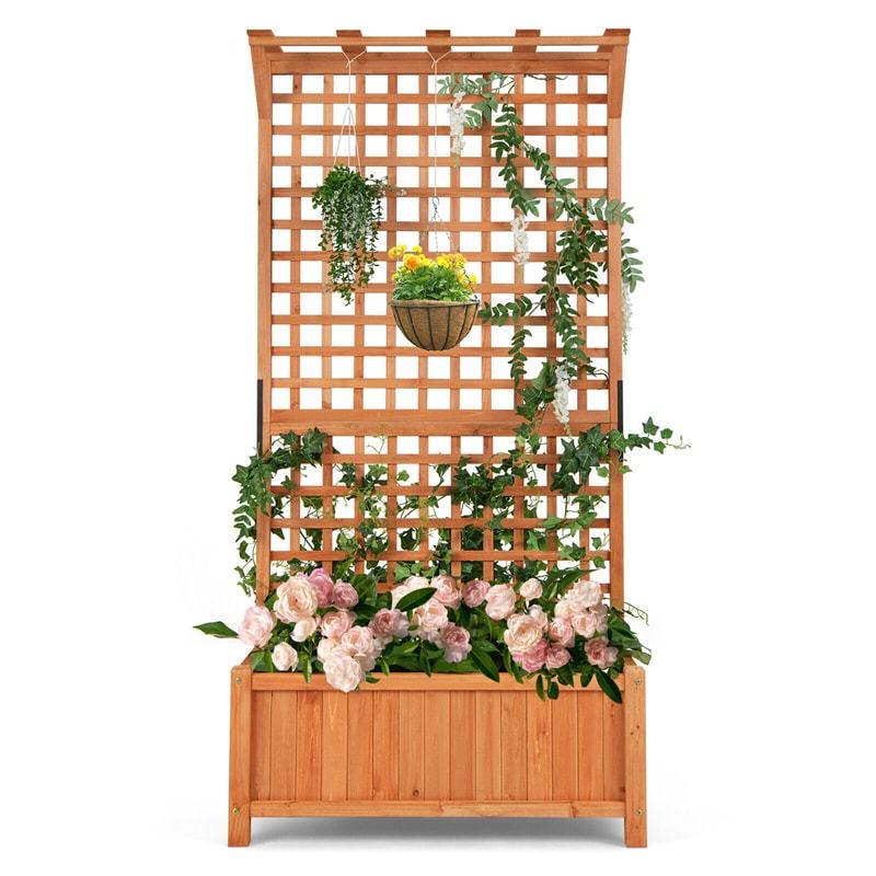 72.5" Wooden Raised Garden Bed with Trellis & Roof, Freestanding Planter Box with Drainage Holes for Climbing Plants, Yard, Balcony, Indoor & Outdoor