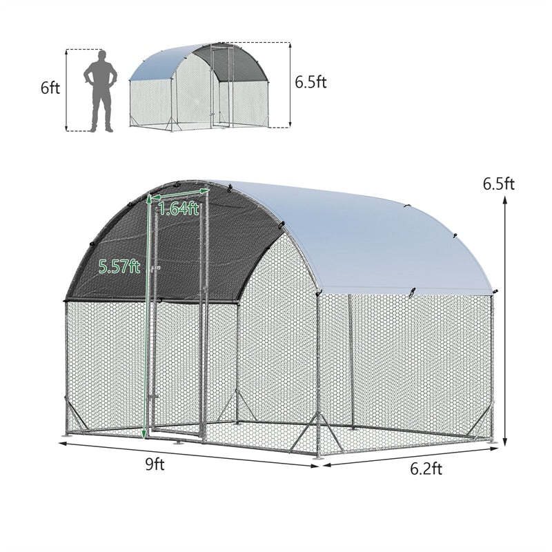 9.2ft Metal Chicken Coop, Galvanized Walk-in Poultry Cage with All-Weather Cover, Dome Shaped Chicken Run House Rabbits Habitat for Outdoor Farm Use