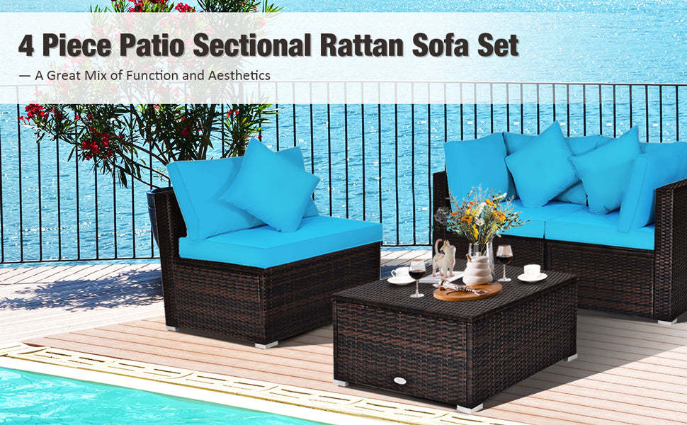 4-Piece Outdoor Wicker Sectional Sofa Set Rattan Patio Conversation Set with Cushions