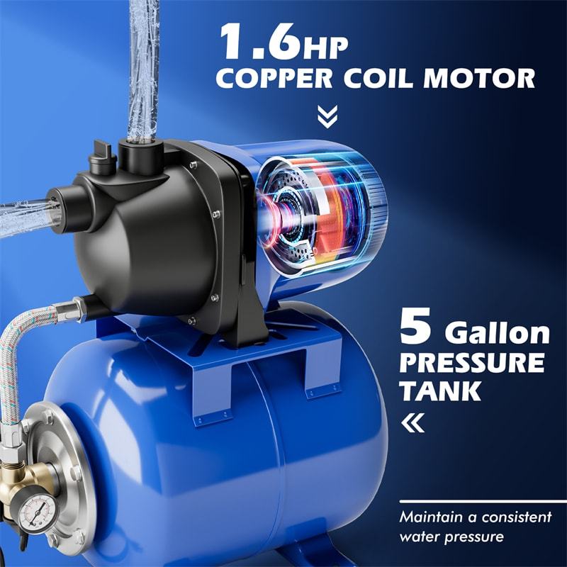 1.6HP Shallow Well Pump with 5Gal Pressure Tank, 1000GPH Stainless Steel Automatic Water Booster Jet Pump for Home Irrigation, Lawn & Garden