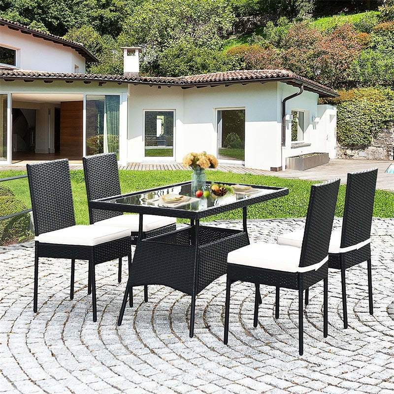 5 Piece Wicker Patio Dining Set Black PE Rattan Outdoor Table & Chairs Set with Tempered Glass Top Table & 4 Cushions for Garden Balcony Poolside