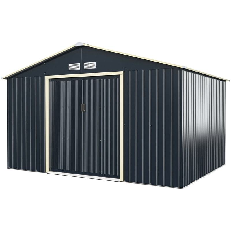11 x 8FT Galvanized Steel Storage Shed with Lockable Double Sliding Doors & 4 Vents, Large Outdoor Garden Tool Shed for Backyard, Patio, Lawn