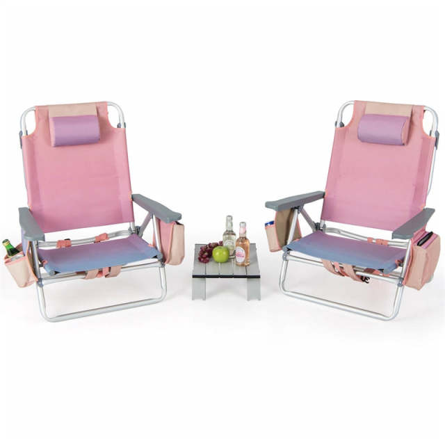 3PCS Folding Backpack Beach Chairs with Side Table, Cooler Bag, Cup Holder, 5-Position Reclining Beach Chairs for Camping Sunbathing