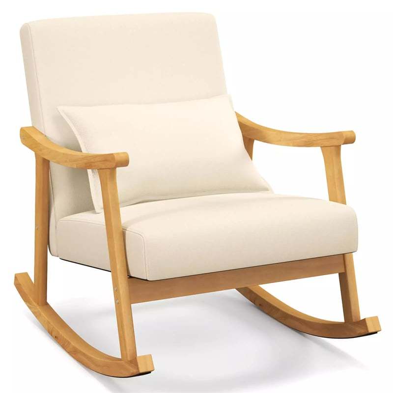 he3 Upholstered Rocking Chair with Rubber Wood Frame, Lumbar Pillow, Padded Seat & Backrest, Modern Rocker for Living Room, Bedroom, Nursery, Office