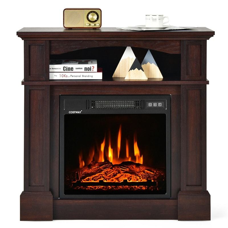 32" Electric Fireplace with Mantel, 1400W Freestanding Heater with Adjustable Flame, Remote Control, Thermostat & Storage Shelf for Living Room