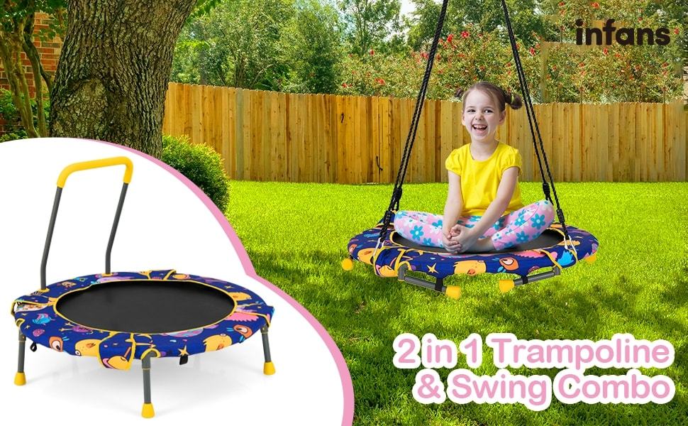 36" Foldable Mini Trampoline 2 in 1 Kids Trampoline Saucer Swing Combo with Bluetooth Audio LED Lights & Detachable Handrail