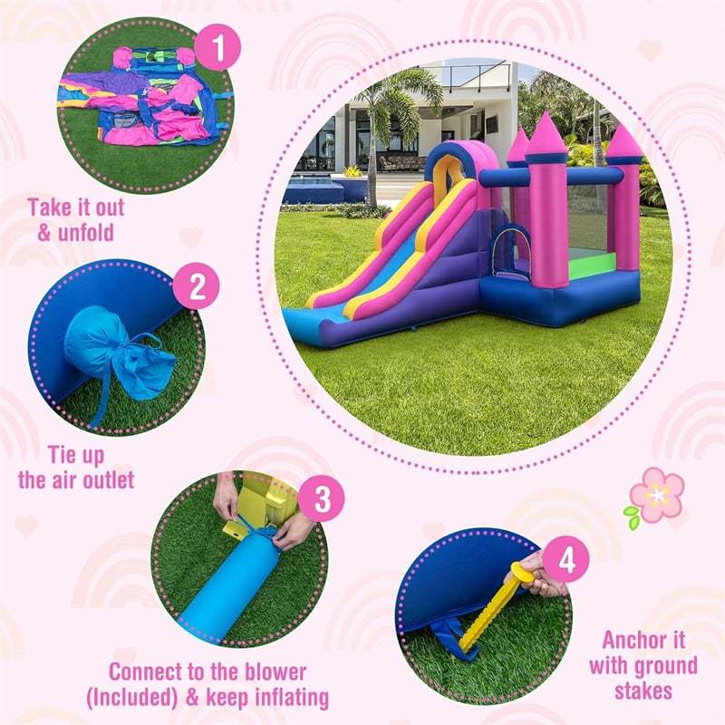 Inflatable Bounce House 7-in-1 Jumping Bouncy Castle with Long Slide, Ball Pit & 735W Blower for Kids Indoor Outdoor Backyard Party