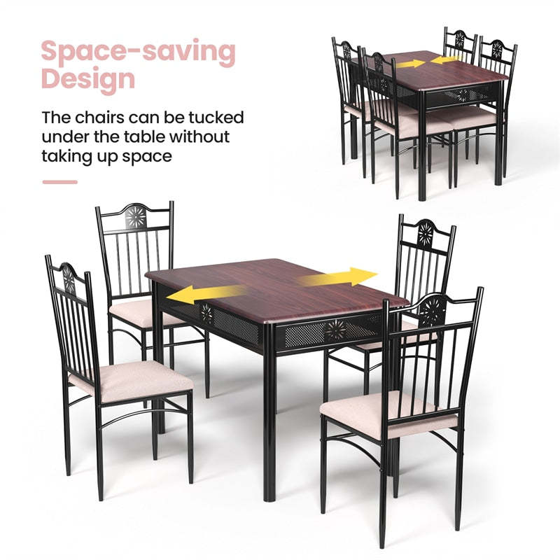 5 Piece Metal Dining Set with 4 Padded Chairs & Wood Top Dining Table, Vintage Kitchen Breakfast Furniture Set for Home Dining Room