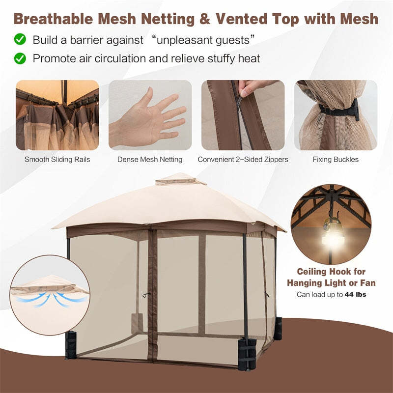 10' x 10' 2-Tier Patio Gazebo Easy-Setup Heavy-Duty Outdoor Canopy Gazebo with Netting & 4 Sandbags