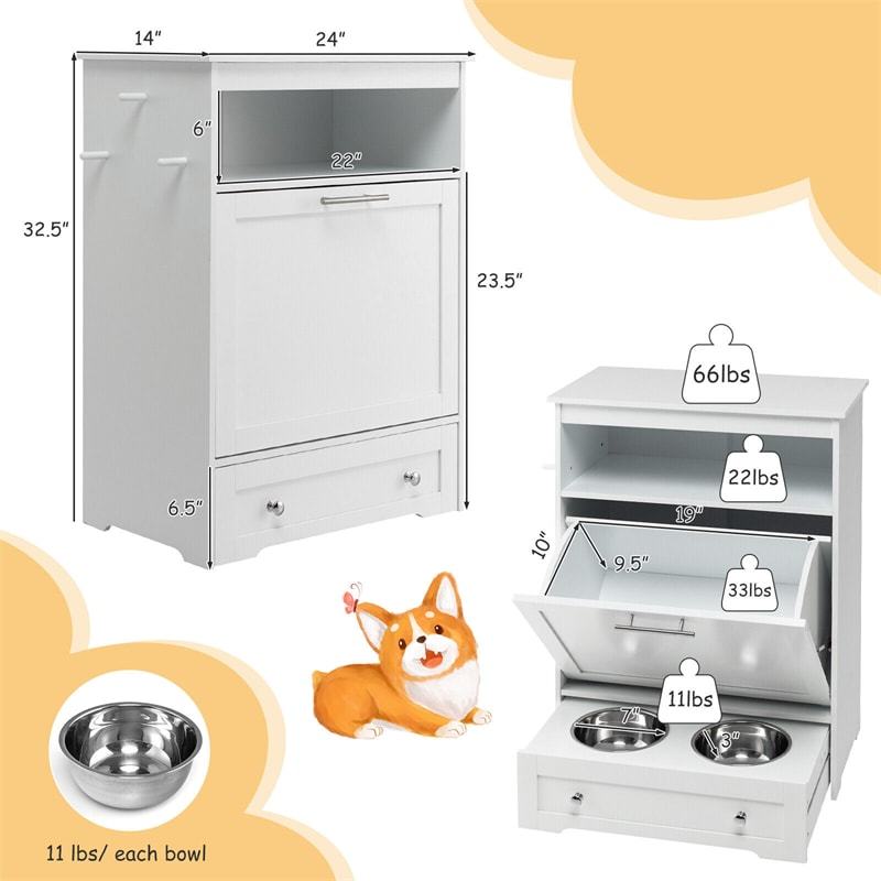 Pet Feeder Station, Dog Food Storage Cabinet with 2 Pull-out Dog Bowls for Watering & Feeding Supplies, Pet Feeder Toy Leashes Organizer