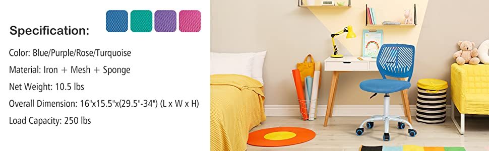 Adjustable Height Kids Desk Chair Mid Back Swivel Armless Office Study Task Chair with Lumbar Support