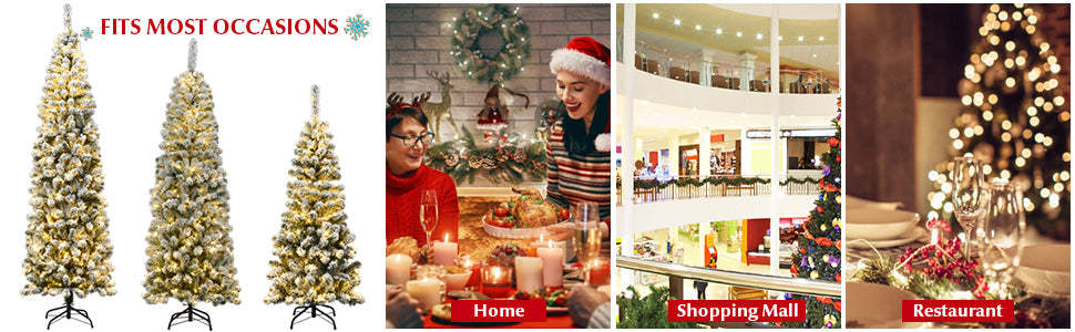 7.5ft Pre-lit Snow Flocked Artificial Pencil Christmas Tree with 350 LED Lights and Metal Stand