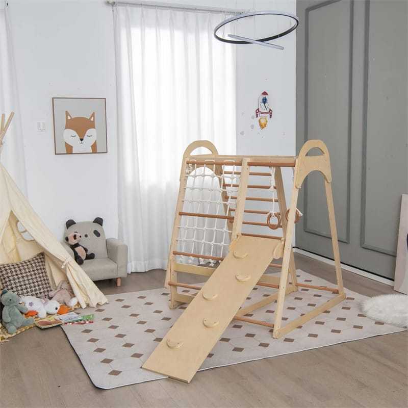 Wooden Indoor Playground 7-in-1 Kids Indoor Jungle Gym with Reversible Slide, Climbing Net, Removable Play Tent, Montessori Climbing Toys for Toddlers