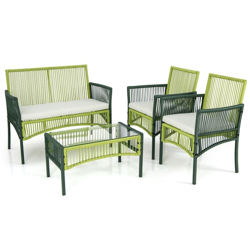 4 Piece Patio Wicker Conversation Set Metal Frame Outdoor Wicker Chair Set with Cushions & Tempered Glass Side Table for Backyard Balcony