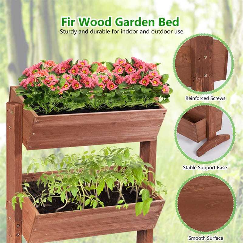 3-Tier Wooden Vertical Raised Garden Bed, Freestanding Tiltable Elevated Planter with 3 Drainage Boxes, Fir Wood Flower Rack for Vegetables & Herbs