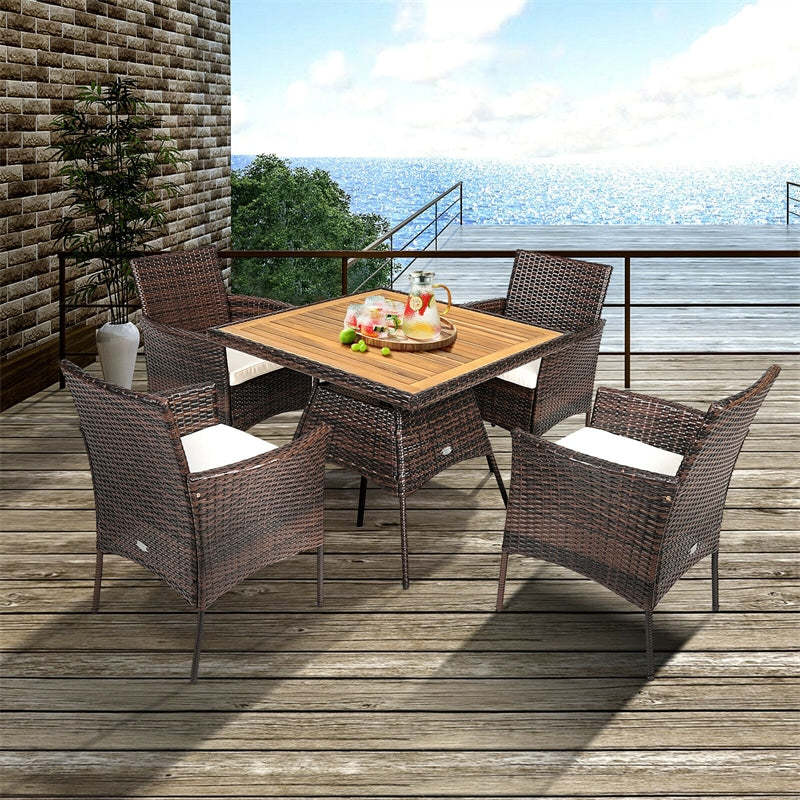 5 Piece Wicker Patio Rattan Dining Table Set with Cushioned Armchairs & Umbrella Hole