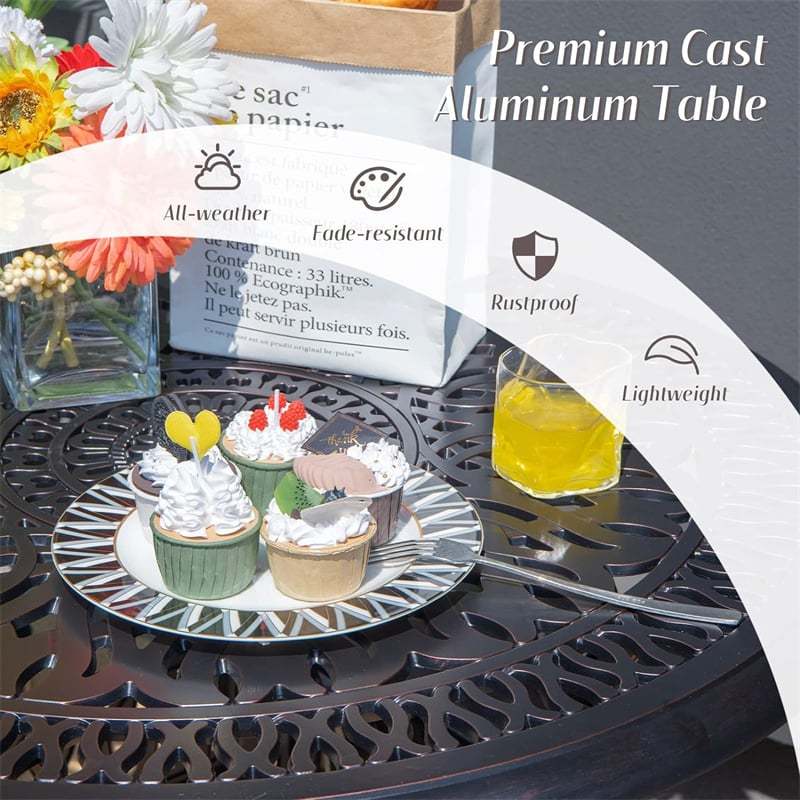 36" Cast Aluminum Bistro Table, Outdoor Round Dining Table with Umbrella Hole, Adjustable Footpads & Weather-Resistant for Backyard, Poolside, Garden