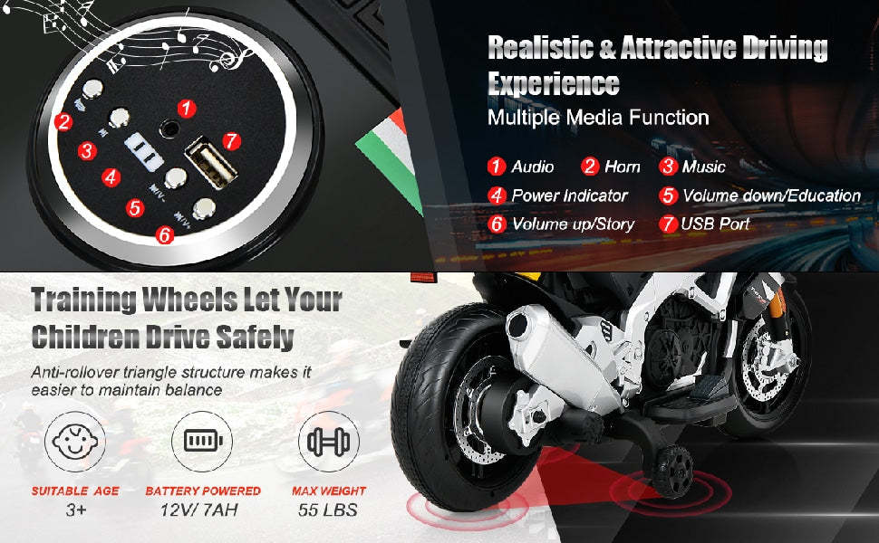 Kids Motorcycle 12V Licensed Aprilia Battery Powered Toddler Motorbike Electric Dirt Bike with Training Wheels & Lights