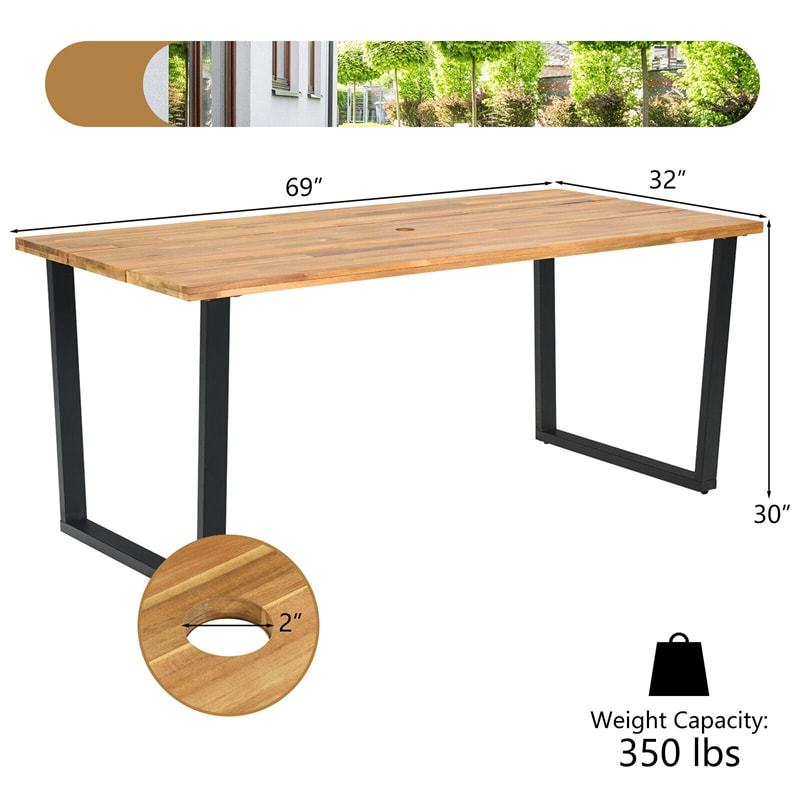 Acacia Wood Patio Dining Table 6 Person Rectangle Indoor Outdoor Table with 2” Umbrella Hole & Metal Legs