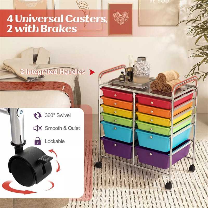 12-Drawer Rolling Storage Cart, Multipurpose Organizer Cart with Lockable Casters, Mobile Utility Cart for School Office Beauty Salon