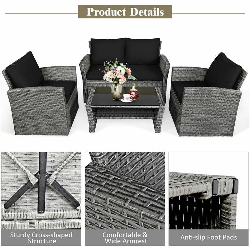 4PCS Patio Rattan Furniture Set Outdoor Conversation Set Wicker Sectional Loveseat Sofa with Cushions, Tempered Glass Table, Storage Shelf