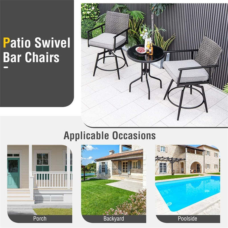 360° Swivel Outdoor Bar Stool Set of 2 Metal Frame Counter Height Bar Chairs with PE Rattan Backrests & Padded Cushions for Yard Balcony