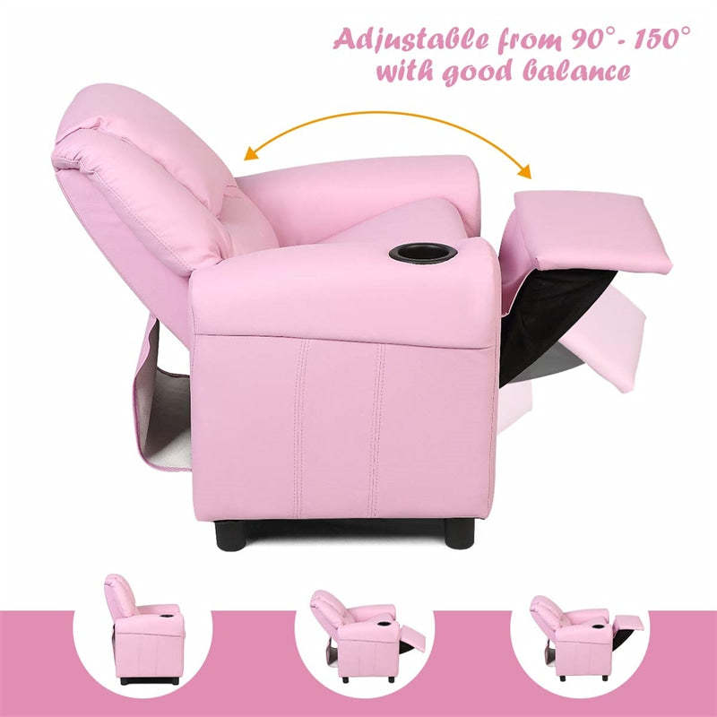 Kids Recliner Chair with Cup Holder, Armrests & Retractable Footrest, Children PU Leather Sofa Armchair, Ergonomic Toddler Room Furniture